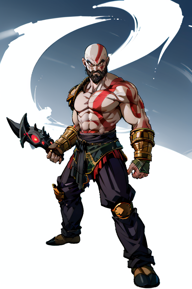 3205306-697007250-,kratosGOW_soul3142, solo, red eyes, 1boy, weapon, male focus, tattoo, muscular, glowing, facial hair, chain, abs, glowing eyes,.png